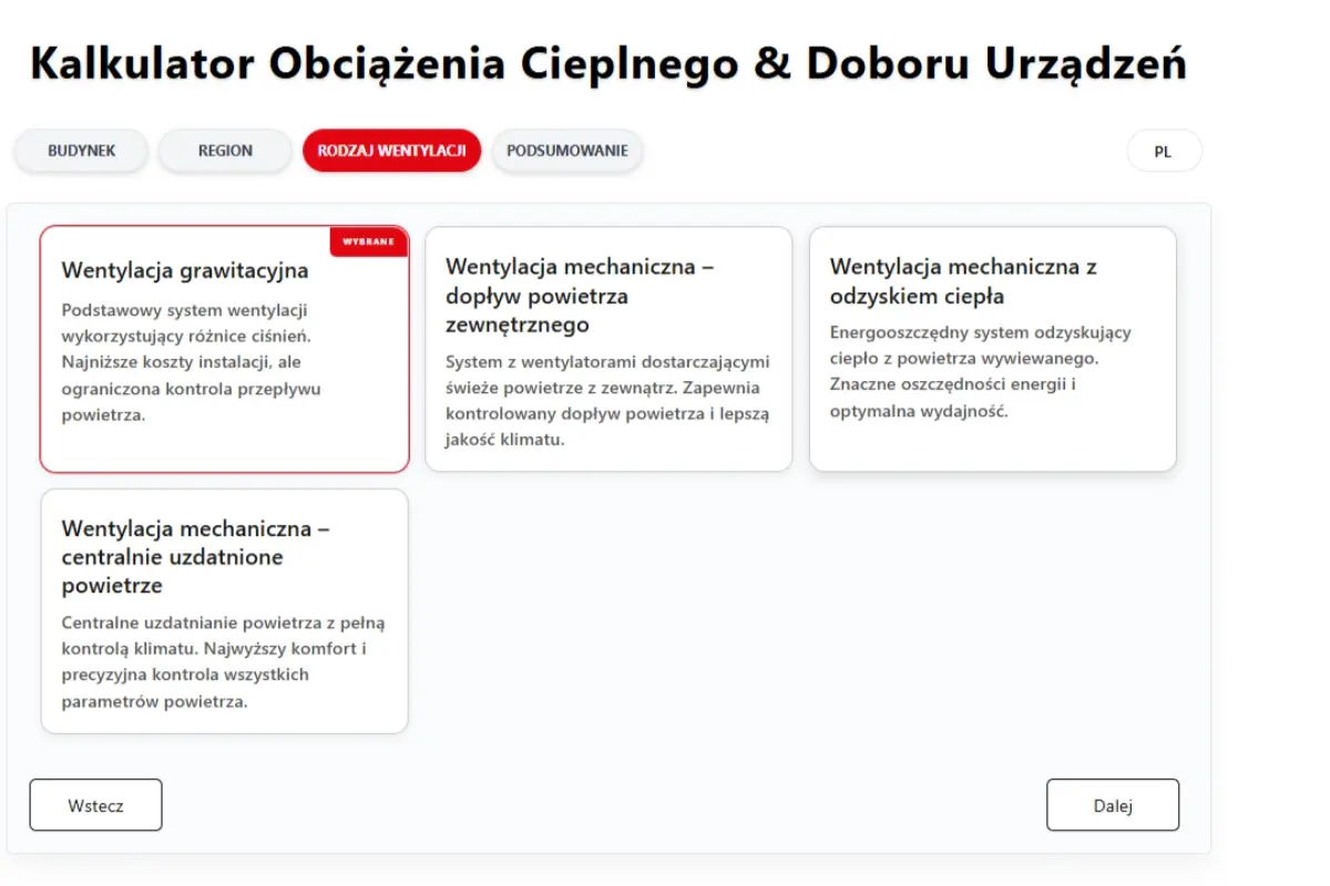 Kalkulator pozwala na wybór rodzaju wentylacji. Zapotrzebowanie zależy od ścian zewnętrznych i wewnętrznych.